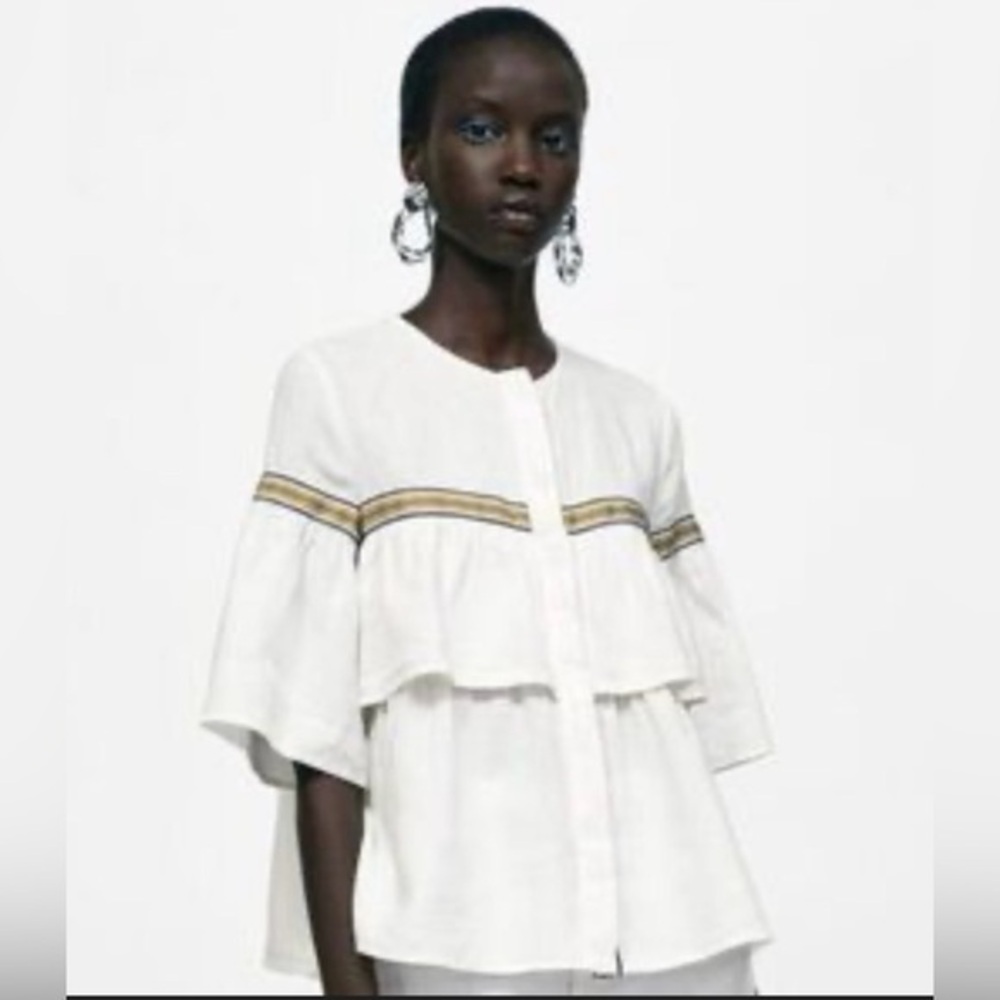 Zara Linen Blend Ruffle Blouse